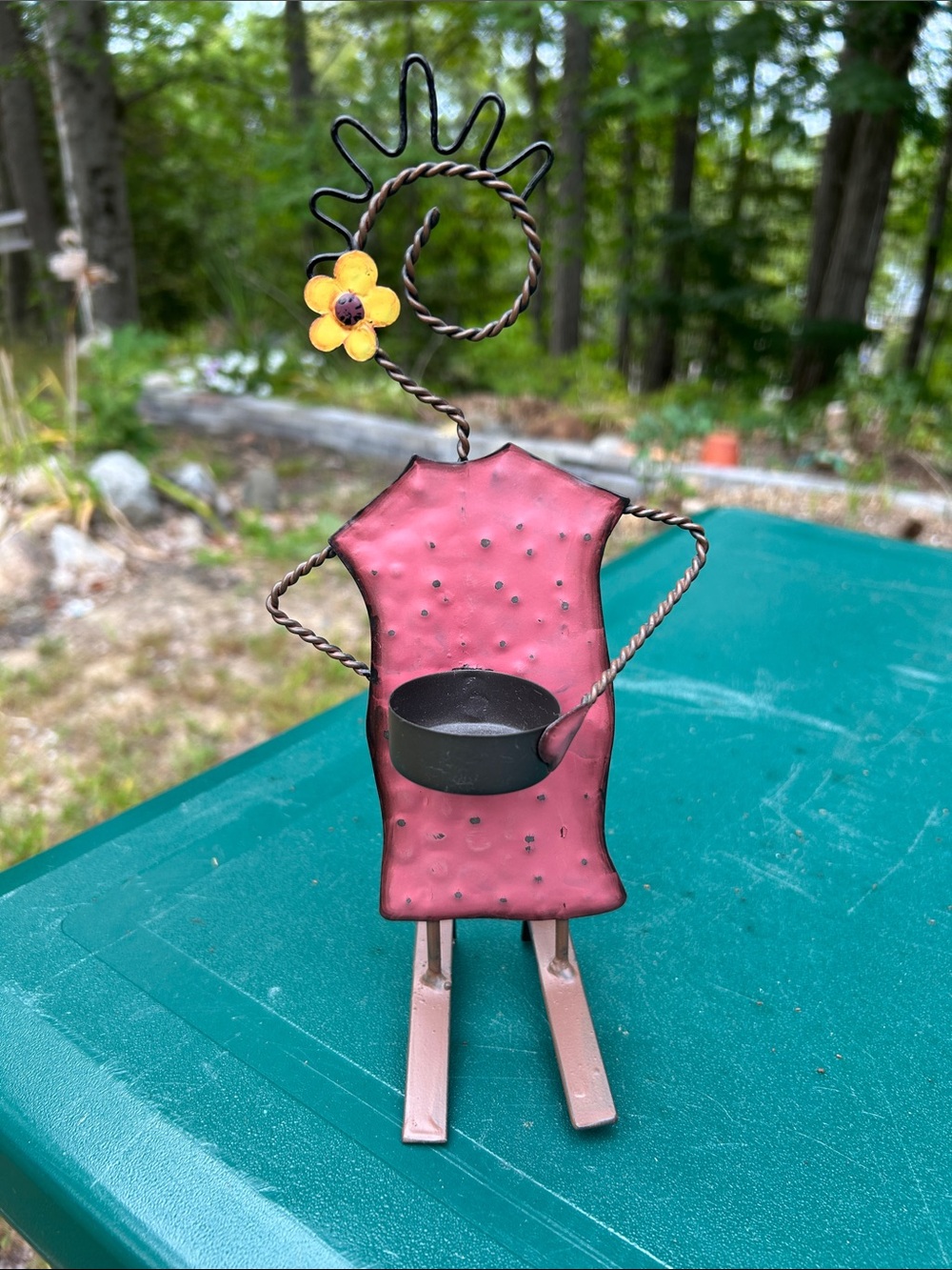 Whimsical Pink Metal Figurine Candle Holder